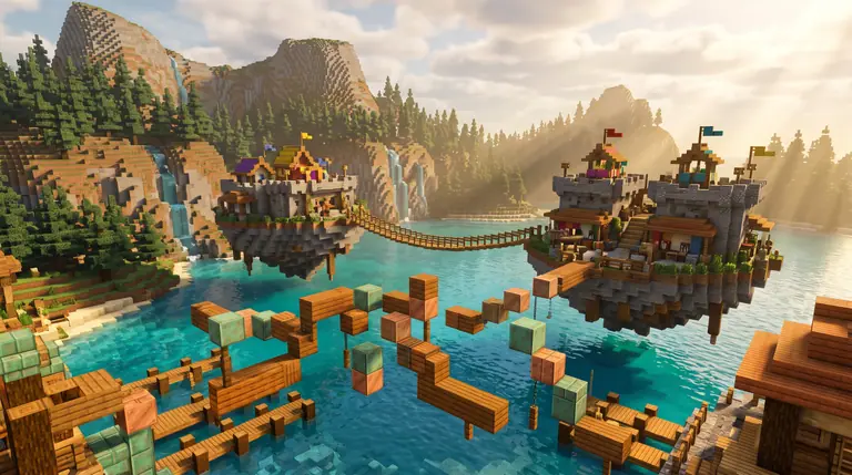 A vibrant voxel harbour realm with floating sky-islands, timber bridges, parkour stepping blocks, and fortified block towers over turquoise water.