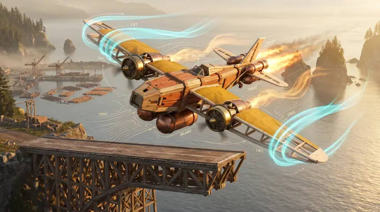 A modular aircraft built from spruce blocks, copper fuel tanks, propellers, and booster rockets launching off a coastal timber slipway into golden clouds.