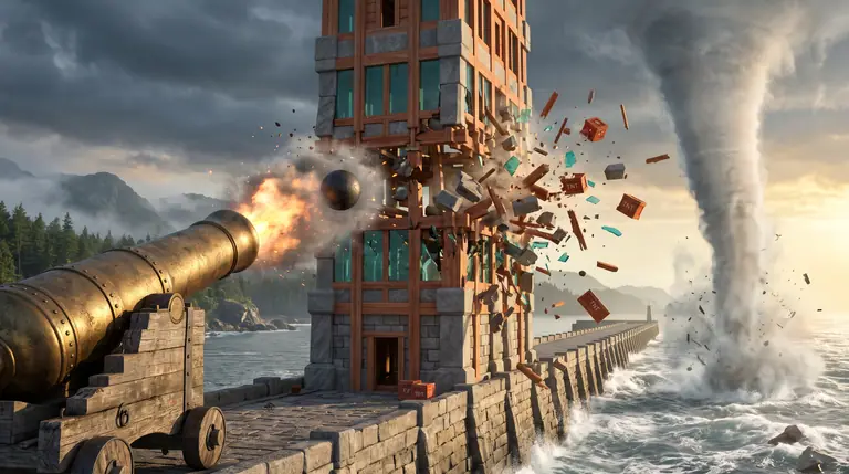 A block-built tower of wood, stone, glass, and red TNT crates on a harbour pier breaking apart mid-air under a cannon shot and coastal whirlwind.