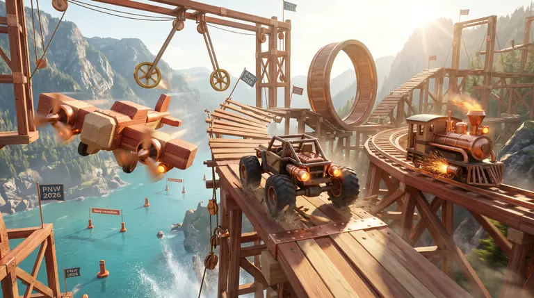 A custom block airplane, off-road buggy, and rail car racing through a timber obstacle course of loops and spinning wheels above a coastal fjord.