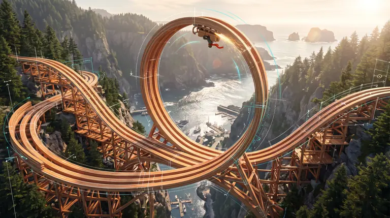 A sweeping ribbon-like timber track curving into a giant loop over a coastal canyon as a wooden sled rides along the crest.