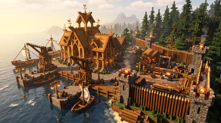 A voxel coastal settlement combining an ornate timber guildhall and dockside crane on the water with a fortified log palisade and watchtowers on the landward side.